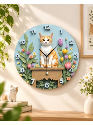 AA Shop Kedi Hayvan Çiçek Renkli Baskı Desenli Sayılı Hediyelik Ahşap Sessiz Tablo Duvar Saati