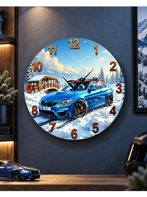 AA Shop Araba Kar Doğa Renkli Baskı Desenli Sayılı Hediyelik Ahşap Sessiz Tablo Duvar Saati