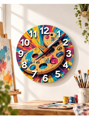 AA Shop Ressam Resim Palet Renkli Baskı Desenli Sayılı Hediyelik Ahşap Sessiz Tablo Duvar Saati