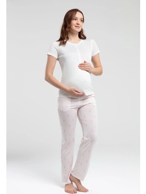 Qkk Kadın Beyaz Yarım Düğmeli Kısa Kol T-Shirt Viskon Kumaş Lohusa Pijama Takımı Q4.A3.K6.R1K