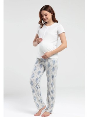 Qkk Kadın Krem Yarım Düğmeli Kısa Kol T-Shirt Viskon Kumaş Lohusa Pijama Takımı Q4.A3.K6.R7K