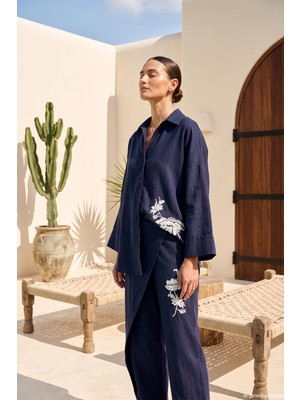 Missemramiss Linen Nakışlı Keten Takım 5211 Lacivert