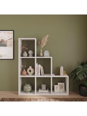 Bimossa W5140 Fred 6 Bölmeli Merdiven Kitaplık Beyaz, Çift Yönlü Dekoratif Raflı Kitaplık