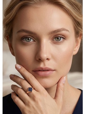 İryum Kare Çapraz Doğal Safir 14 Ayar Altın Yüzük - Rose Gold