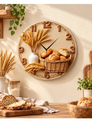 AA Shop Ekmek Fırın Renkli Baskı Desenli Sayılı Hediyelik Ahşap Sessiz Tablo Duvar Saati