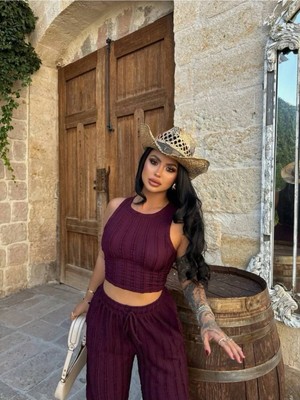 Kadın Kaşkorse Crop Top ve Bol Paça Pantolon Ikili Takım