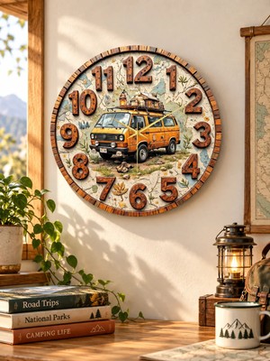 AA Shop Doğa Araba Renkli Baskı Desenli Sayılı Hediyelik Ahşap Sessiz Tablo Duvar Saati