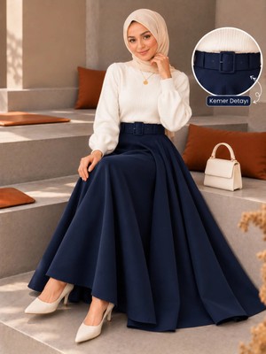 Defka Sonbahar Uyumlu Kloş Kesim Kemerli Uzun Kadın Etek