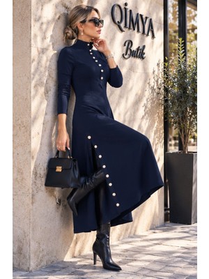 Qimya Butik Buketli Kadın Dik Yakası ve Iki Yanı Çıt Çıt Detaylı Çelik Örme Penye Triko Uzun Kollu Uzun Elbise