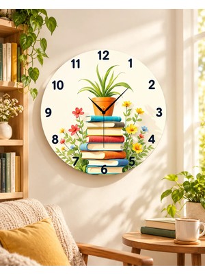 AA Shop Kitap Kütüphane Öğretmen Renkli Baskı Desenli Sayılı Hediyelik Ahşap Sessiz Tablo Duvar Saati