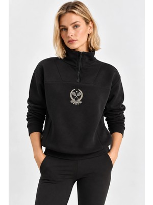 Mevese Kadın Sıcak Tutan Polarlı Yarım Fermuarlı Crop Sweatshirt- Siyah
