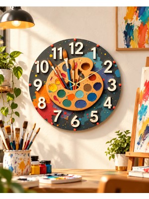 AA Shop Ressam Resim Palet Renkli Baskı Desenli Sayılı Hediyelik Ahşap Sessiz Tablo Duvar Saati
