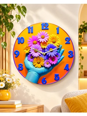 AA Shop Çiçek Bitki Renkli Baskı Desenli Sayılı Hediyelik Ahşap Sessiz Tablo Duvar Saati 601
