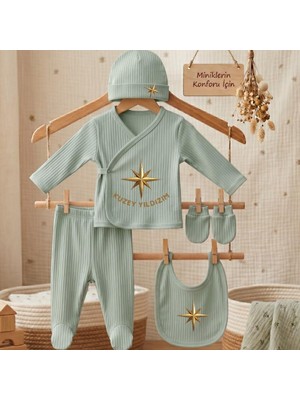 Str Store %100 Pamuk Yenidoğan Bebek Hastane Çıkış Seti Kuzey Yıldızım Yazılı Yeşil 5 'li Bebek Takımı