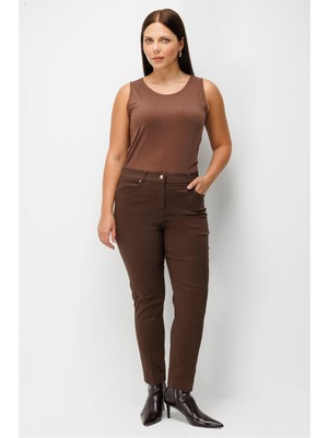 Ekol Kadın Yüksek Bel Pamuklu Dar Paça Pantolon Kahverengi