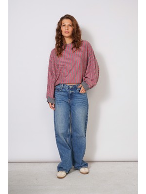 Nisan Triko Oversize Yarasa Kol Çizgili Triko Bluz