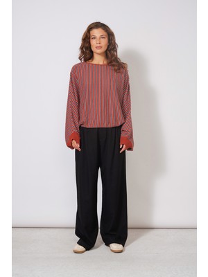 Nisan Triko Oversize Yarasa Kol Çizgili Triko Bluz
