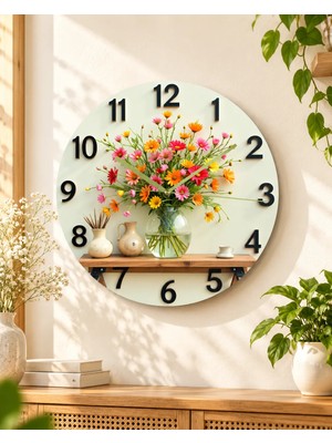 AA Shop Çiçek Bitki Renkli Baskı Desenli Sayılı Hediyelik Ahşap Sessiz Tablo Duvar Saati 667
