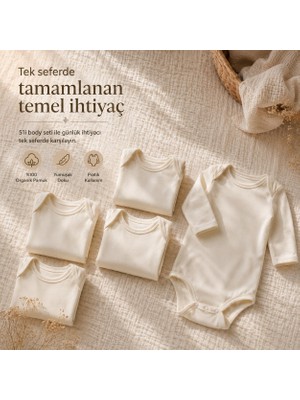 Str Store Yenidoğan Bebek Body 5’li Set, Unisex Ekru Organik Pamuk 0-3 Ay Body