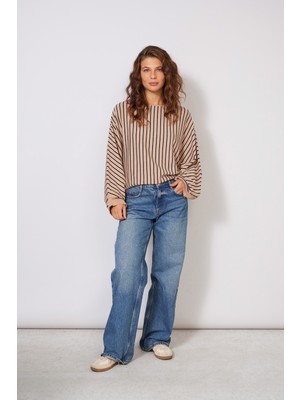 Nisan Triko Oversize Yarasa Kol Çizgili Triko Bluz