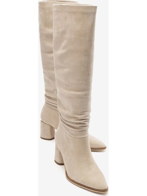 120 Bej Süet Körüklü Kadın Kalın Topuklu Çizme