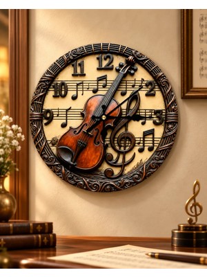 AA Shop Keman Müzik Renkli Baskı Desenli Sayılı Hediyelik Ahşap Sessiz Tablo Duvar Saati 730
