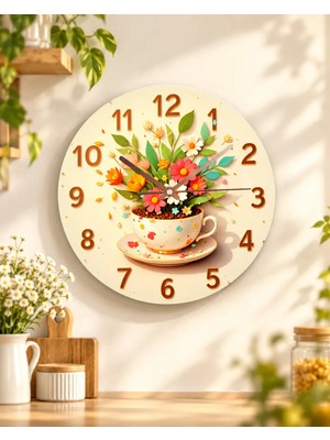 AA Shop Kahve Bitki Fincan Renkli Baskı Desenli Sayılı Hediyelik Ahşap Sessiz Tablo Duvar Saati 722