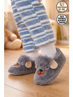 Albishoes Eğlenceli Köpek Figürlü Peluş Çocuk Ev Botu Panduf Yumuşak Tüylü Kaydırmaz Sessiz Taban