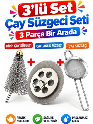 Cina Max 3'lü Set Çay Süzgeci Kirpi Çay Süzgeci Çaydanlık Süzgeci Paslanmaz Çelik