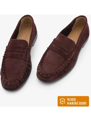Marjin Kadın Hakiki Deri Oval Burun Makosen Dikişli Büzgülü Loafer Günlük Ayakkabı Lefora Bordo Süet