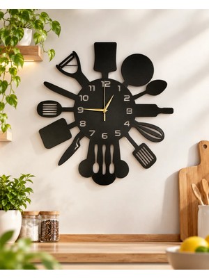 AA Shop Siyah Ahşap Mutfak Desenli Dekoratif Duvar Saati 50CM Sessiz Mekanizma ile