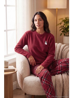 Lela Ekose Desenli Bisiklet Yaka Yumuşak Polar Pijama Takımı Kadın Pijama Takımı 6097059K