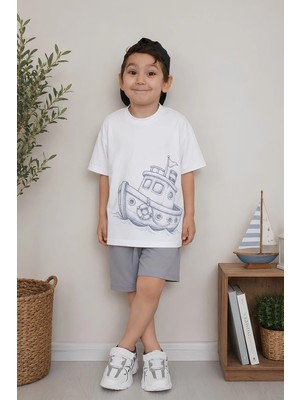 Belya Kids Wear Erkek Çocuk Oversize Tişört Alt 2 Iplik Şort Premium Kalite Belya Kids Gemi Tasarım Alt Üst Takım