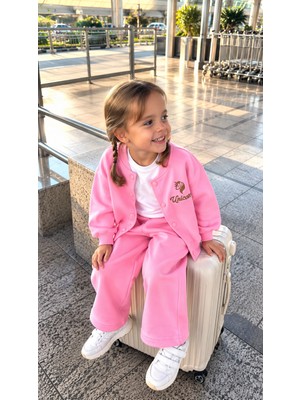 Elzo Collection Kız Çocuk Unicorn Nakış Işlemeli Pembe Kolej Ceket Eşofman Alt Üst Takım
