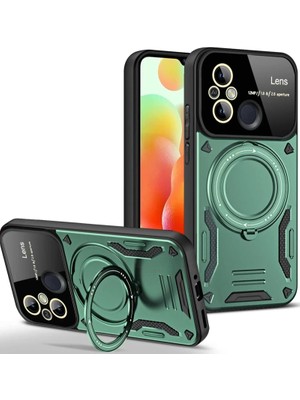 Xiaomi Redmi 12C Uyumlu Kılıf Joy Lens Standlı Kapak - Koyu Yeşil