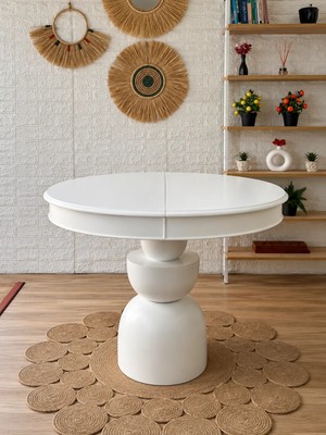 Silla Boğum Ayaklı Masa Ahşap Yuvarlak Beyaz Renkli Açılır Masa (Çap 100 Cm)