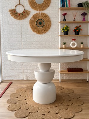 Silla Boğum Ayaklı Masa Ahşap Yuvarlak Beyaz Renkli Açılır Masa (Çap 110 Cm)