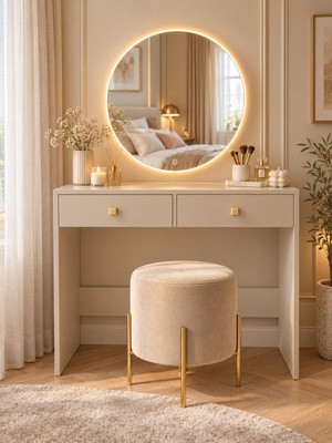 Belirtilmemiş LED Aynalı 2 Çekmeceli Gold Kulplu Makyaj Masası