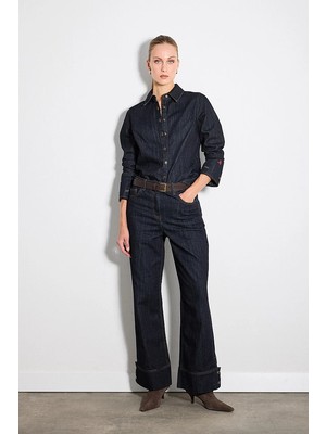 Gusto Hayalperest Koleksiyonu Paçası Düğme Detaylı Geniş Paça Denim Pantolon - Lacivert