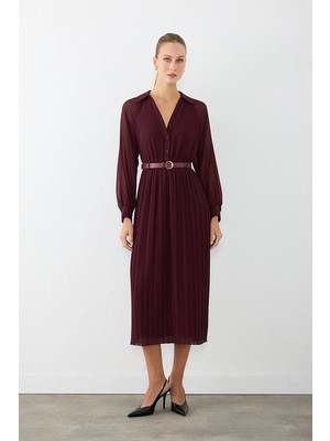 Gusto Beli Kemerli Krep Şifon Uzun Elbise - Bordo