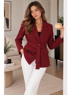 Lima Bordo Kadın Kuşaklı Blazer Ceket Klasik Yaka Tek Düğmeli Cepli Şık Ceket