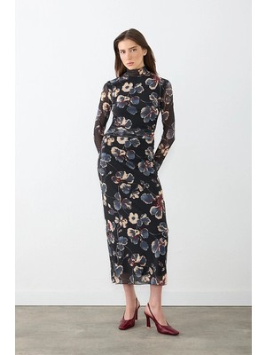 Gusto Dik Yakalı Desenli Tül Lycra Maxi Elbise - Siyah