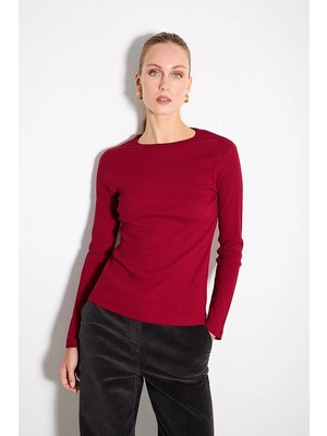 Gusto Uzun Kollu Pamuk Örme Basic Bluz - Bordo