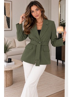 Lima Haki Kadın Kuşaklı Blazer Ceket Klasik Yaka Tek Düğmeli Cepli Şık Ceket