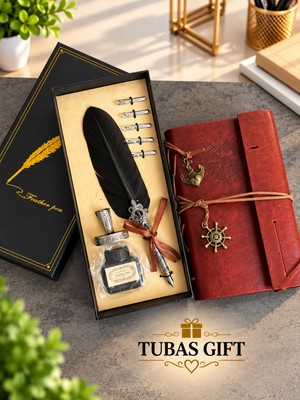 Tubas Gift Divit Tüylü Kalem Seti ve Özel Tasarım  Pusula Defter Hediyeli