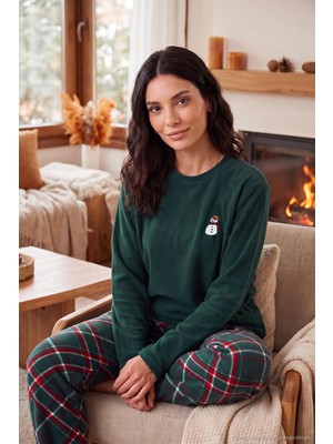 Lela Ekose Desenli Bisiklet Yaka Yumuşak Polar Pijama Takımı Kadın Pijama Takımı 6097059K
