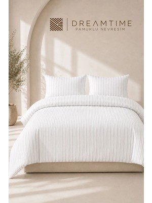 Dream Time Çift Kişilik Pamuklu Nevresim | Lastikli Çarşaflı | Beyaz-Bej