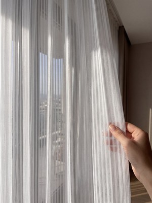 Perle Dekoratif Simli Tül Perde Kırık Beyaz Kordone Şeritli 1/3 Sık Pile