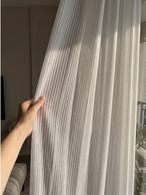 Demor Home Şerit Çizgili Armür Dokulu Simli Sık Pile Tül Perde, Kırık Beyaz 1/3 Pile
