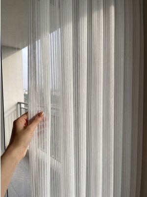 Demor Home Beyaz Şerit Çizgili Simli 1/3 Pileli Armür Tül Yeni Sezon